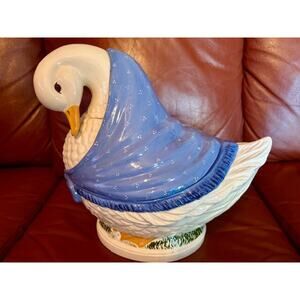 Vintage Goose Soup Tureen Blue Scarf Ceramic Punch Bowl 13" H